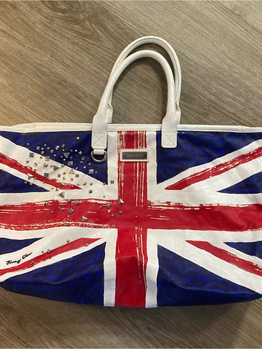vintage Jimmy Choo Union Jack Studded Canvas Tote in Red, White, Blue ( as is )